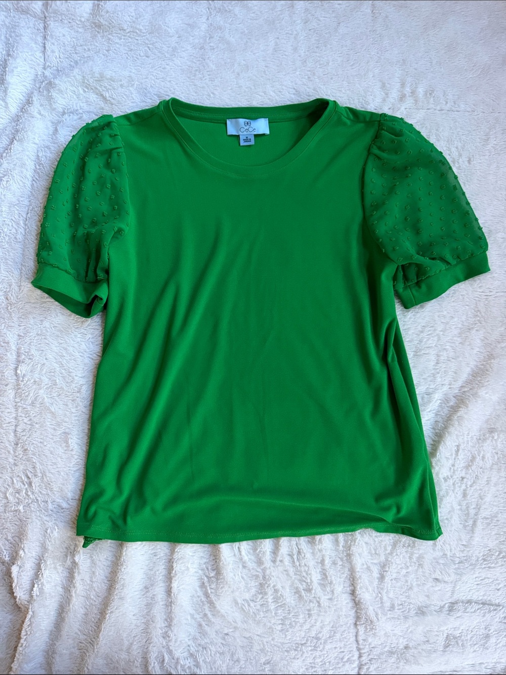 CeCe Green Top with Dot Puff Sleeves